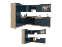 Cocina esquinera azul oscuro alto brillo/roble dorado 227x60x81.6 fame-line
