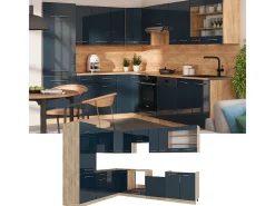 Cocina esquinera azul oscuro alto brillo/roble dorado 227x60x81.6 fame-line