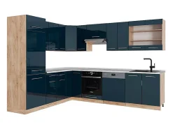 Cocina esquinera azul oscuro alto brillo/roble dorado 227x60x81.6 fame-line