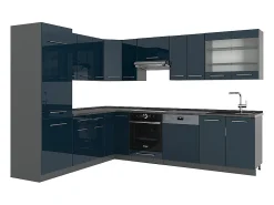 Cocina esquinera azul oscuro alto brillo/antracita 287x60x81.6 fame-line