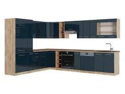 Cocina esquinera azul oscuro alto brillo/roble dorado 347x60x81.6 fame-line