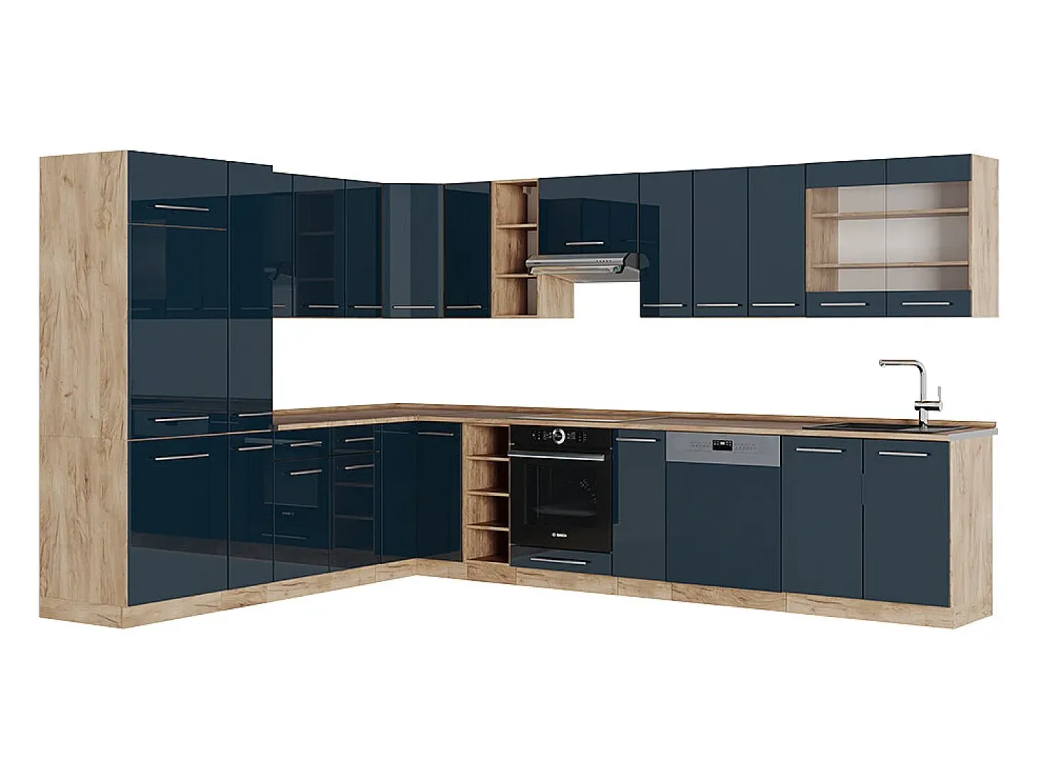 Cocina esquinera azul oscuro alto brillo/roble dorado 347x60x81.6 fame-line