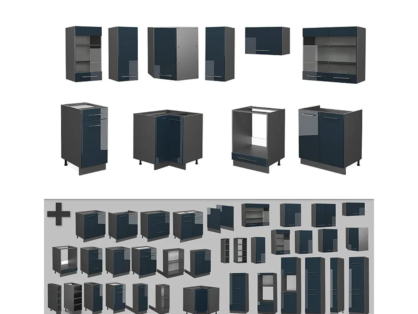 Cocina esquinera azul oscuro alto brillo/antracita 190x60x81.6 fame-line