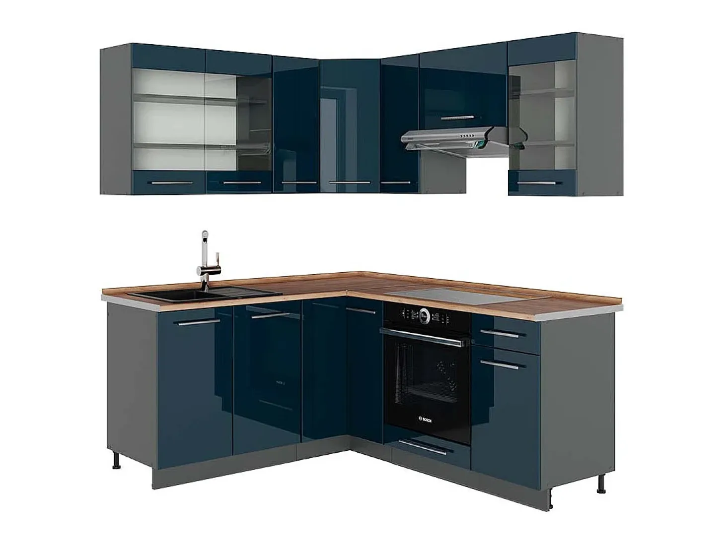 Cocina esquinera azul oscuro alto brillo/antracita 190x60x81.6 fame-line