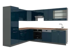 Cocina esquinera azul oscuro alto brillo/antracita 287x60x81.6 fame-line