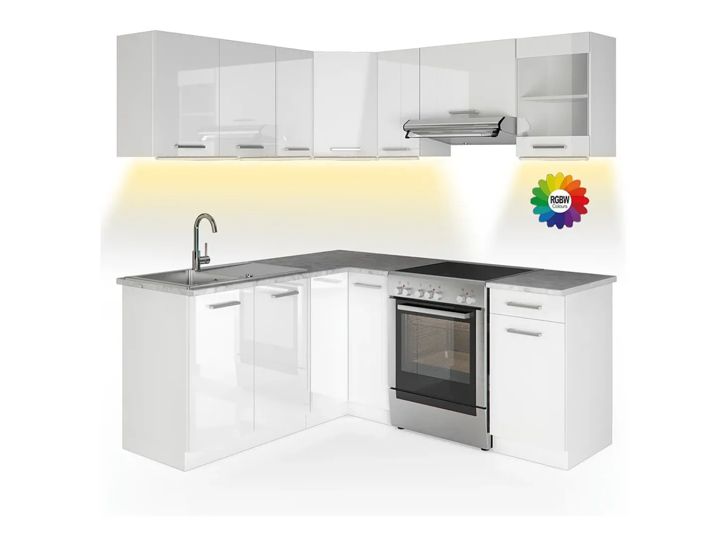Cocina esquinera blanco alto brillo/blanco 187x60x81.6 rick