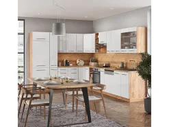 Cocina esquinera blanco brillo intenso/roble dorado 347x60x81.6 fame-line