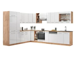 Cocina esquinera blanco brillo intenso/roble dorado 347x60x81.6 fame-line
