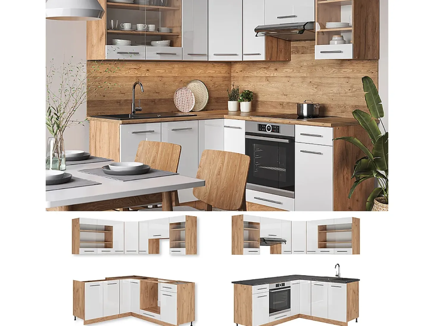 Cocina esquinera blanco brillo intenso/roble dorado 190x60x81.6 fame-line