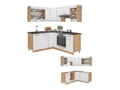Cocina esquinera blanco brillo intenso/roble dorado 190x60x81.6 fame-line