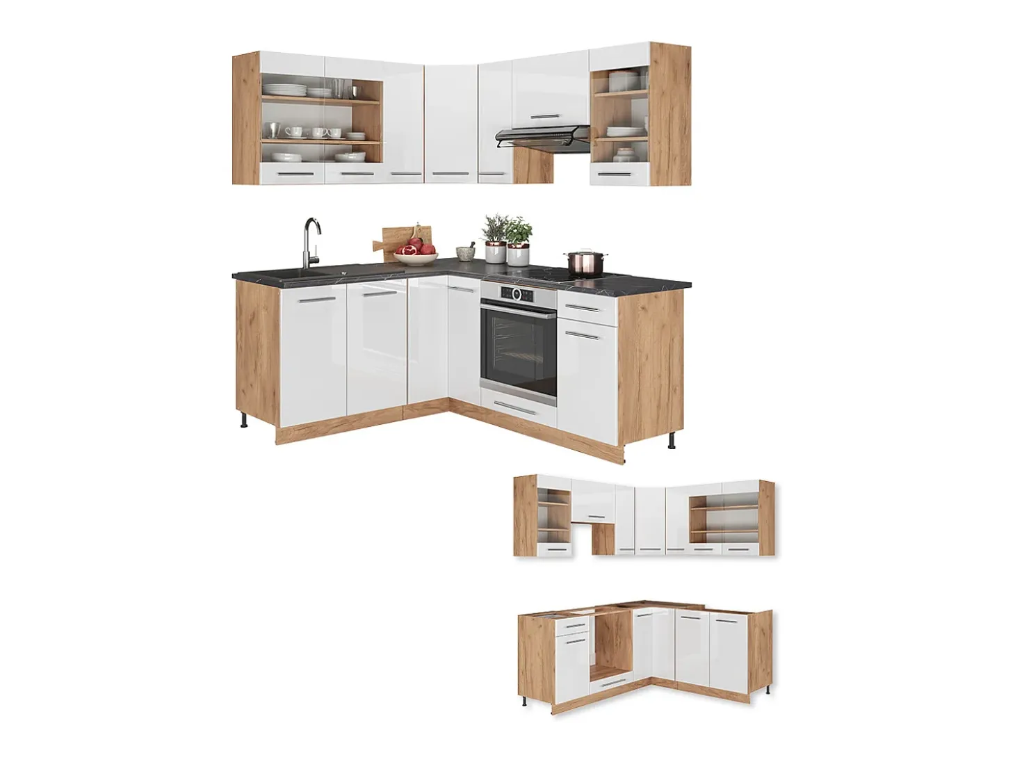 Cocina esquinera blanco brillo intenso/roble dorado 190x60x81.6 fame-line