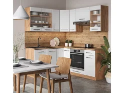 Cocina esquinera blanco brillo intenso/roble dorado 190x60x81.6 fame-line