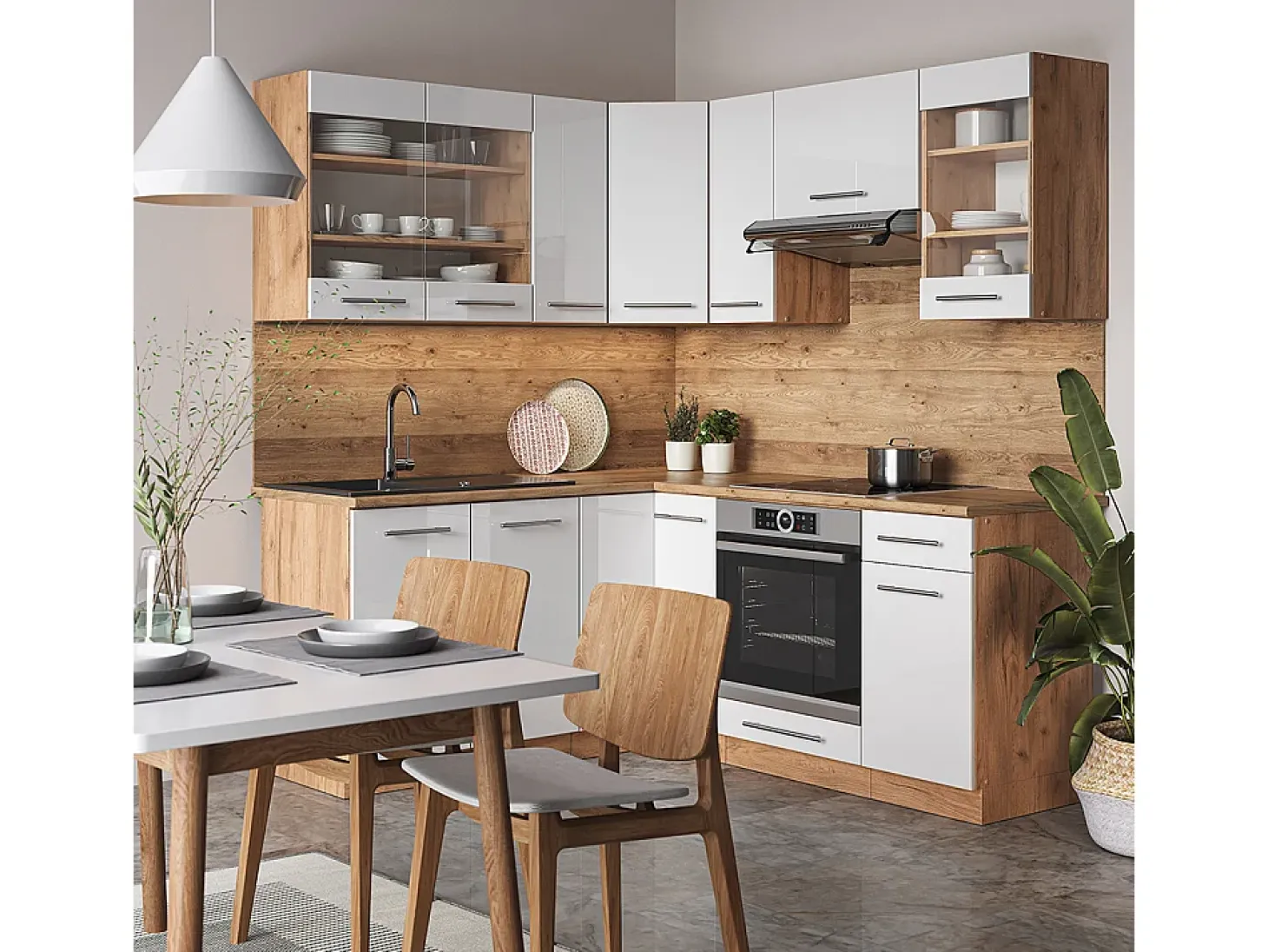 Cocina esquinera blanco brillo intenso/roble dorado 190x60x81.6 fame-line