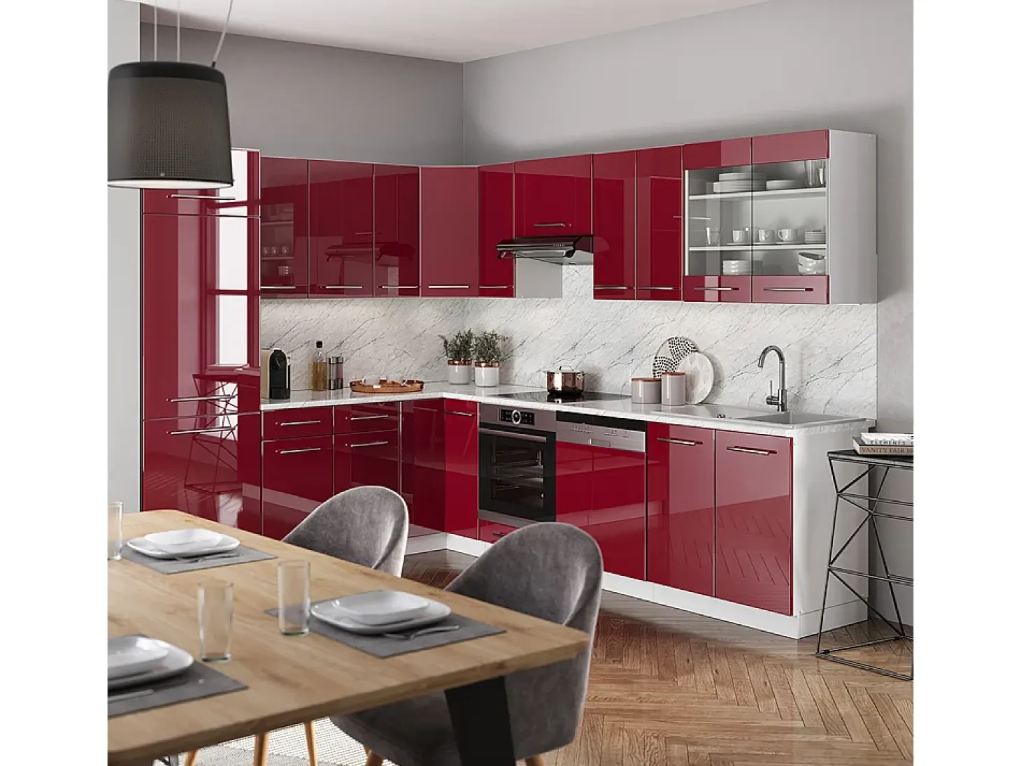 Cocina esquinera burdeos brillo intenso/blanco 287x60x81.6 fame-line
