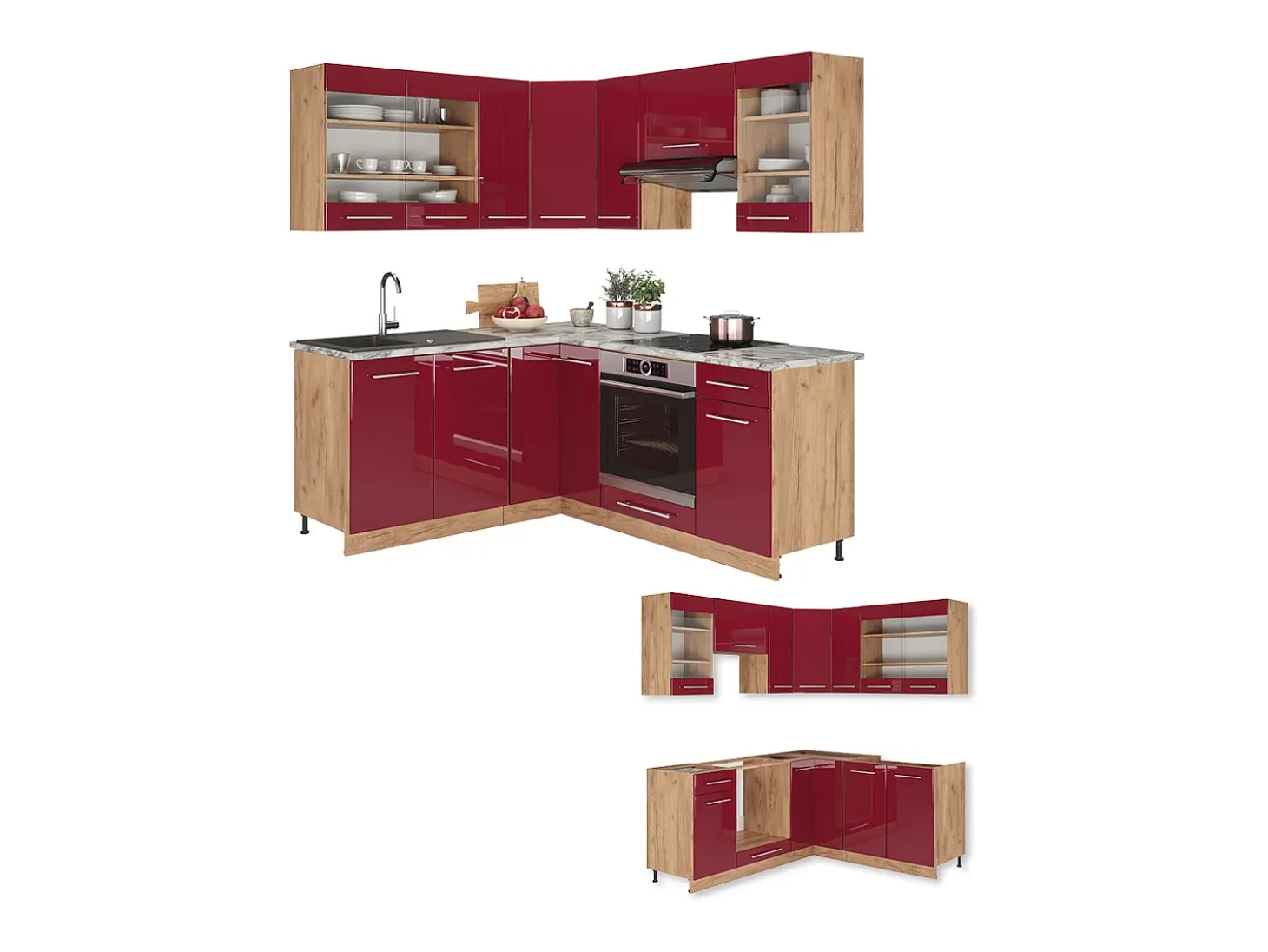 Cocina esquinera burdeos brillo intenso/roble dorado 190x60x81.6 fame-line