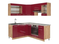 Cocina esquinera burdeos brillo intenso/roble dorado 190x60x81.6 fame-line