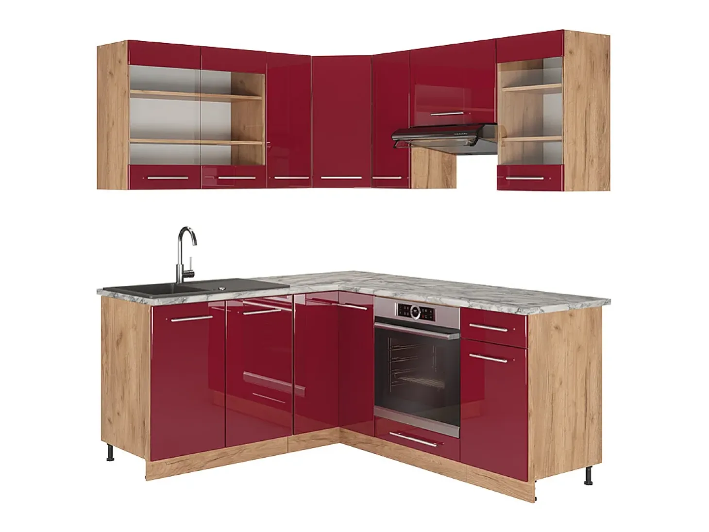 Cocina esquinera burdeos brillo intenso/roble dorado 190x60x81.6 fame-line