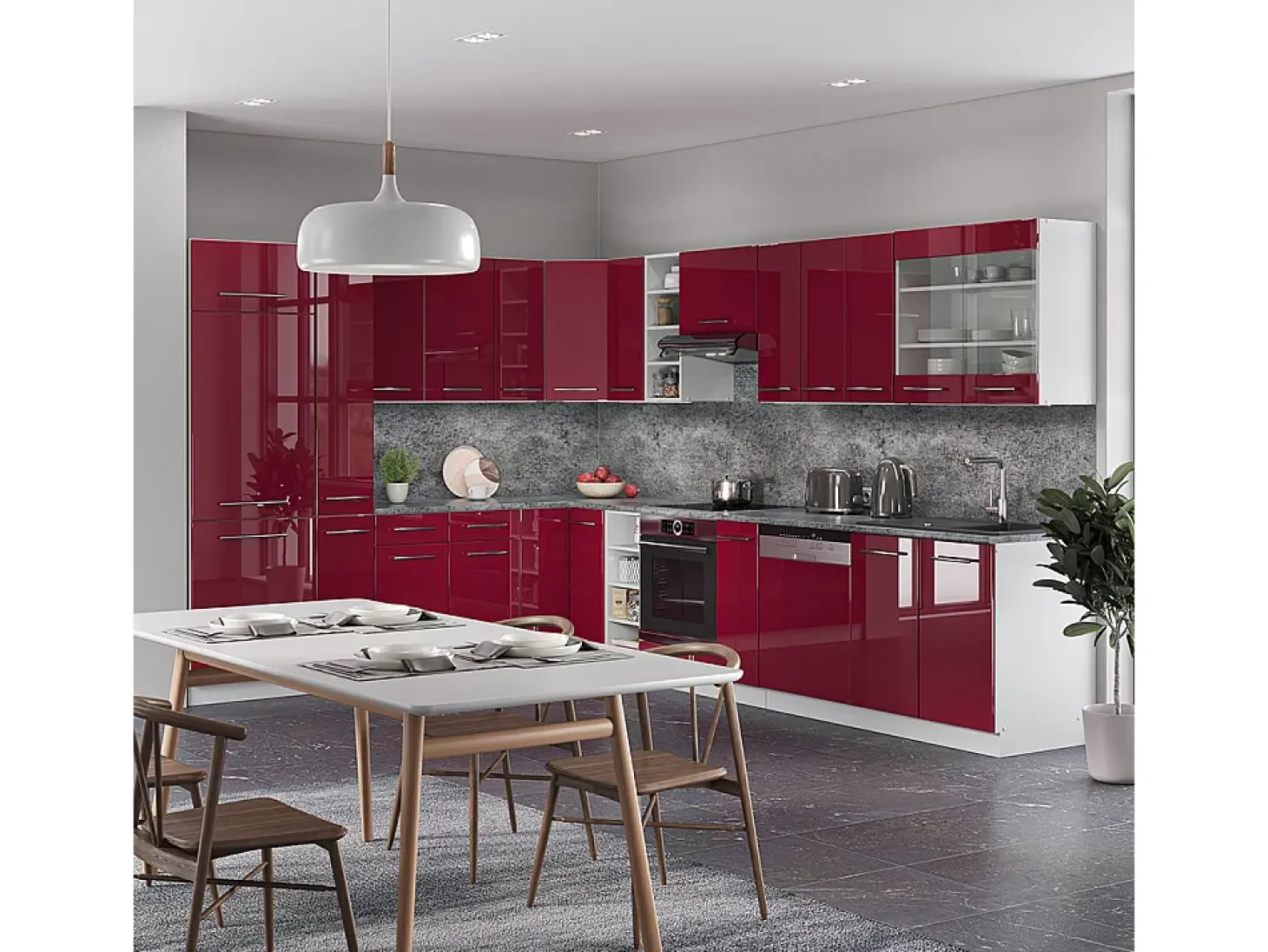 Cocina esquinera burdeos brillo intenso/blanco 347x60x81.6 fame-line
