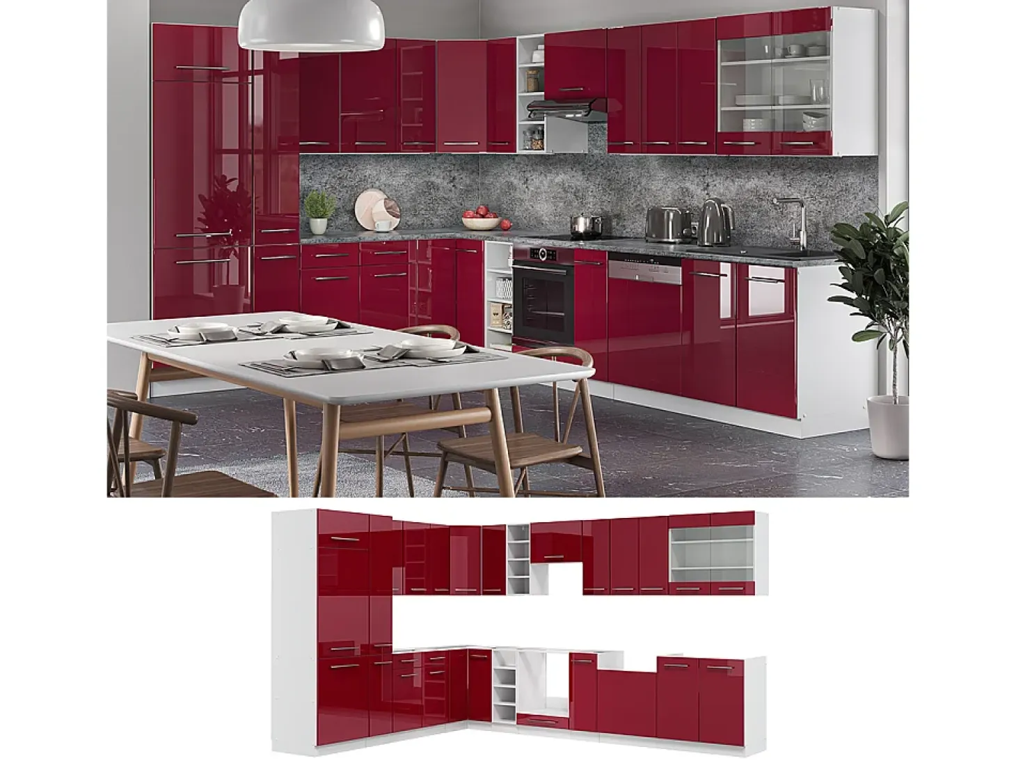 Cocina esquinera burdeos brillo intenso/blanco 347x60x81.6 fame-line