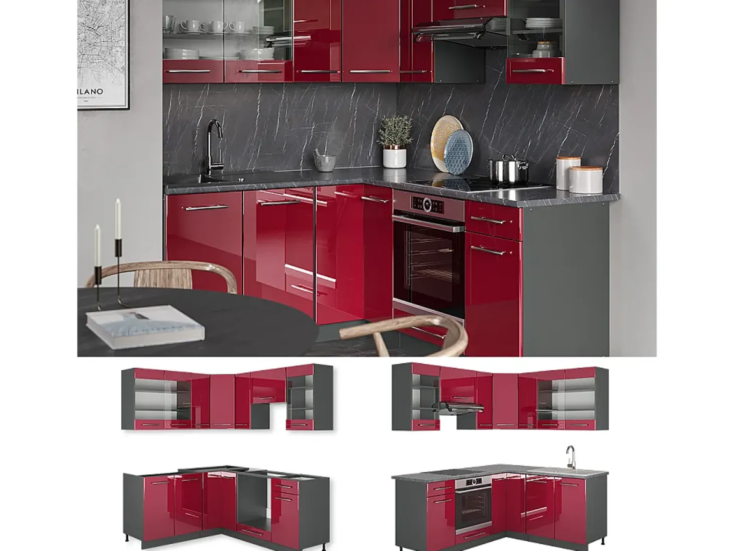 Cocina esquinera burdeos brillo intenso/antracita 190x60x81.6 fame-line