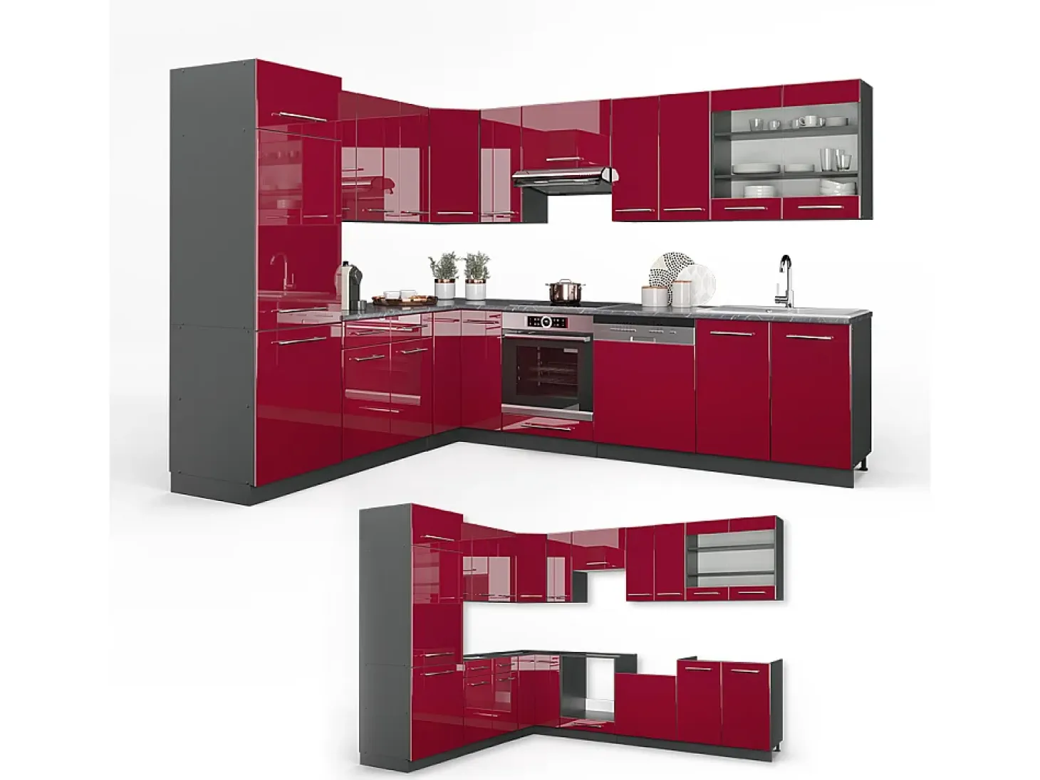 Cocina esquinera burdeos brillo intenso/antracita 287x60x81.6 fame-line