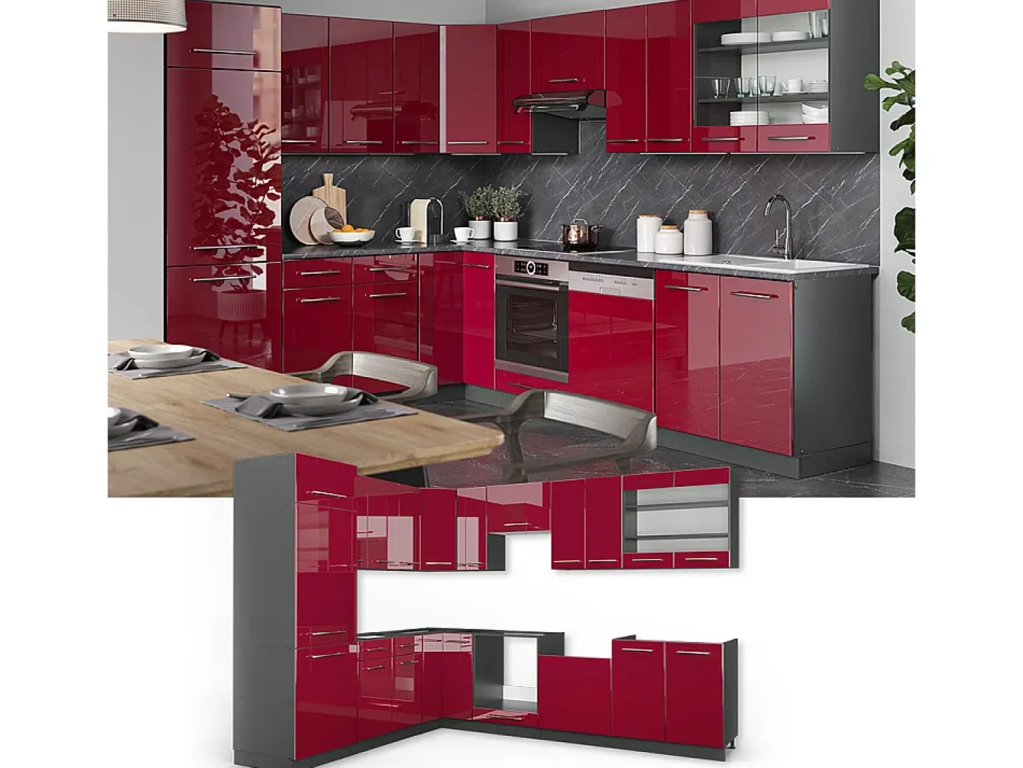 Cocina esquinera burdeos brillo intenso/antracita 287x60x81.6 fame-line