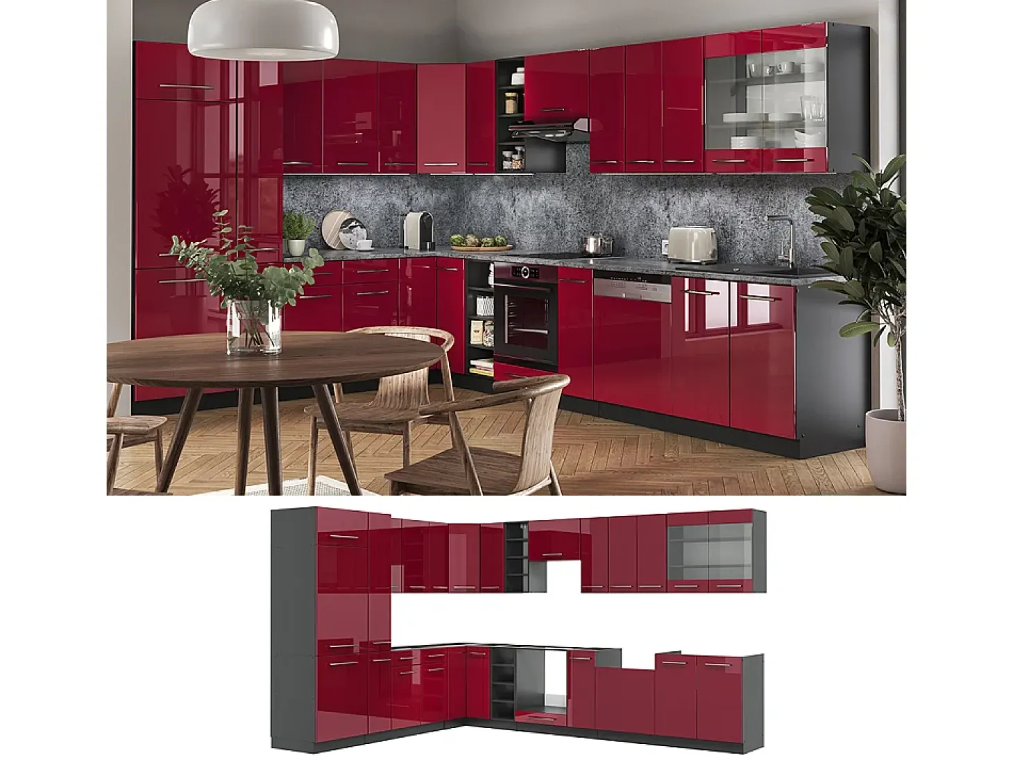 Cocina esquinera burdeos brillo intenso/antracita 347x46x81.6 fame-line