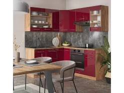 Cocina esquinera burdeos brillo intenso/roble dorado 190x60x81.6 fame-line