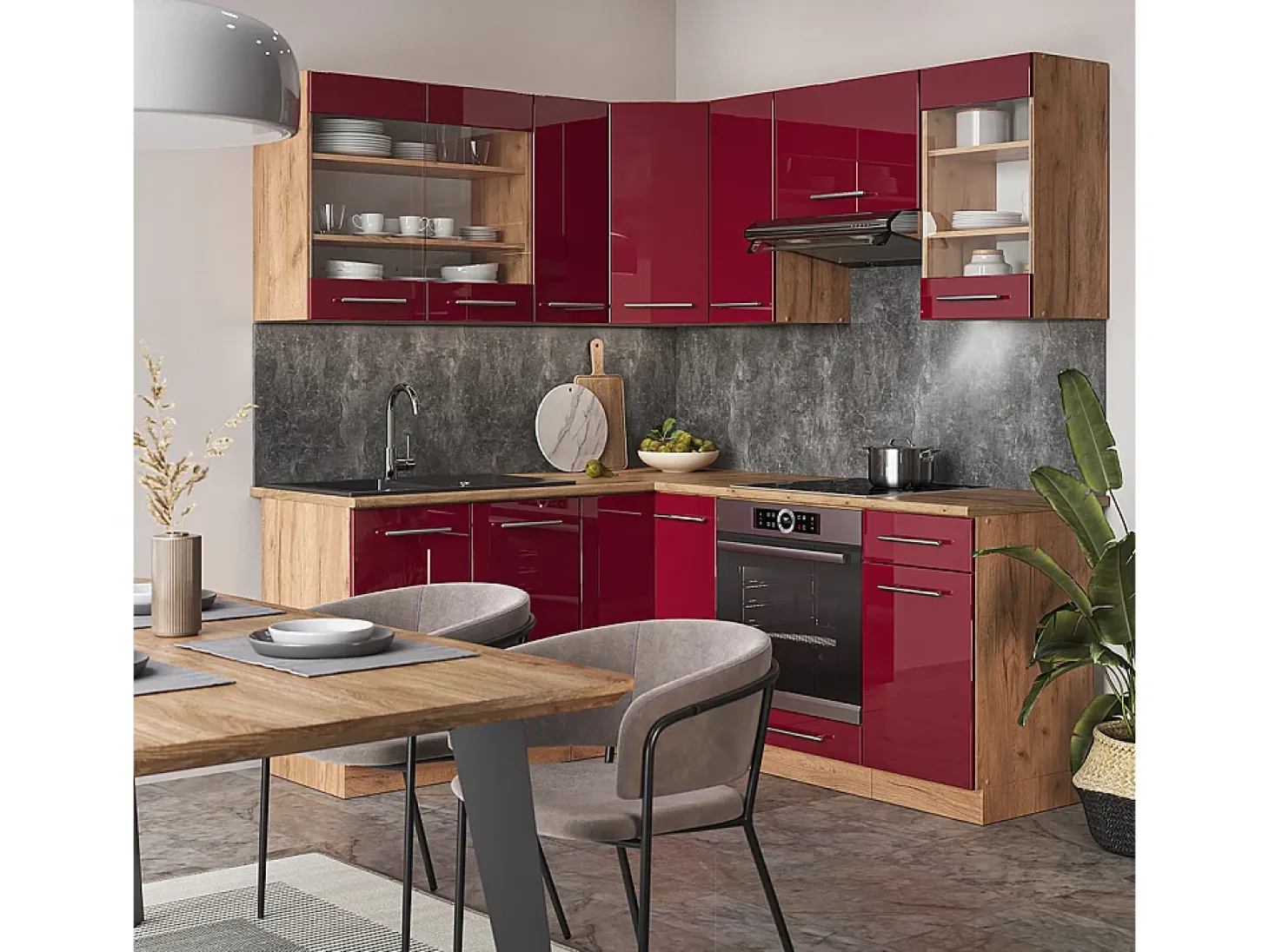 Cocina esquinera burdeos brillo intenso/roble dorado 190x60x81.6 fame-line