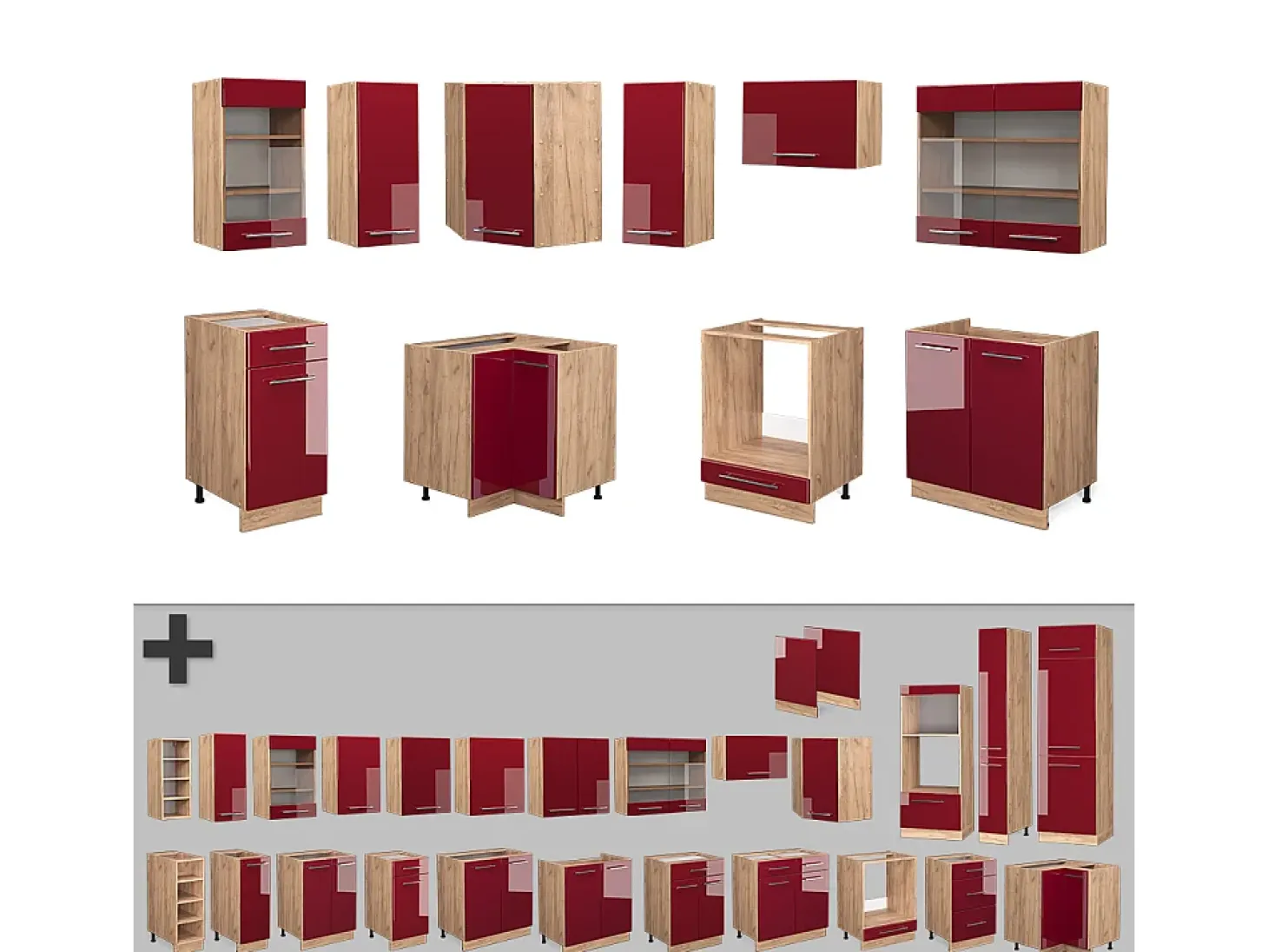 Cocina esquinera burdeos brillo intenso/roble dorado 190x60x81.6 fame-line