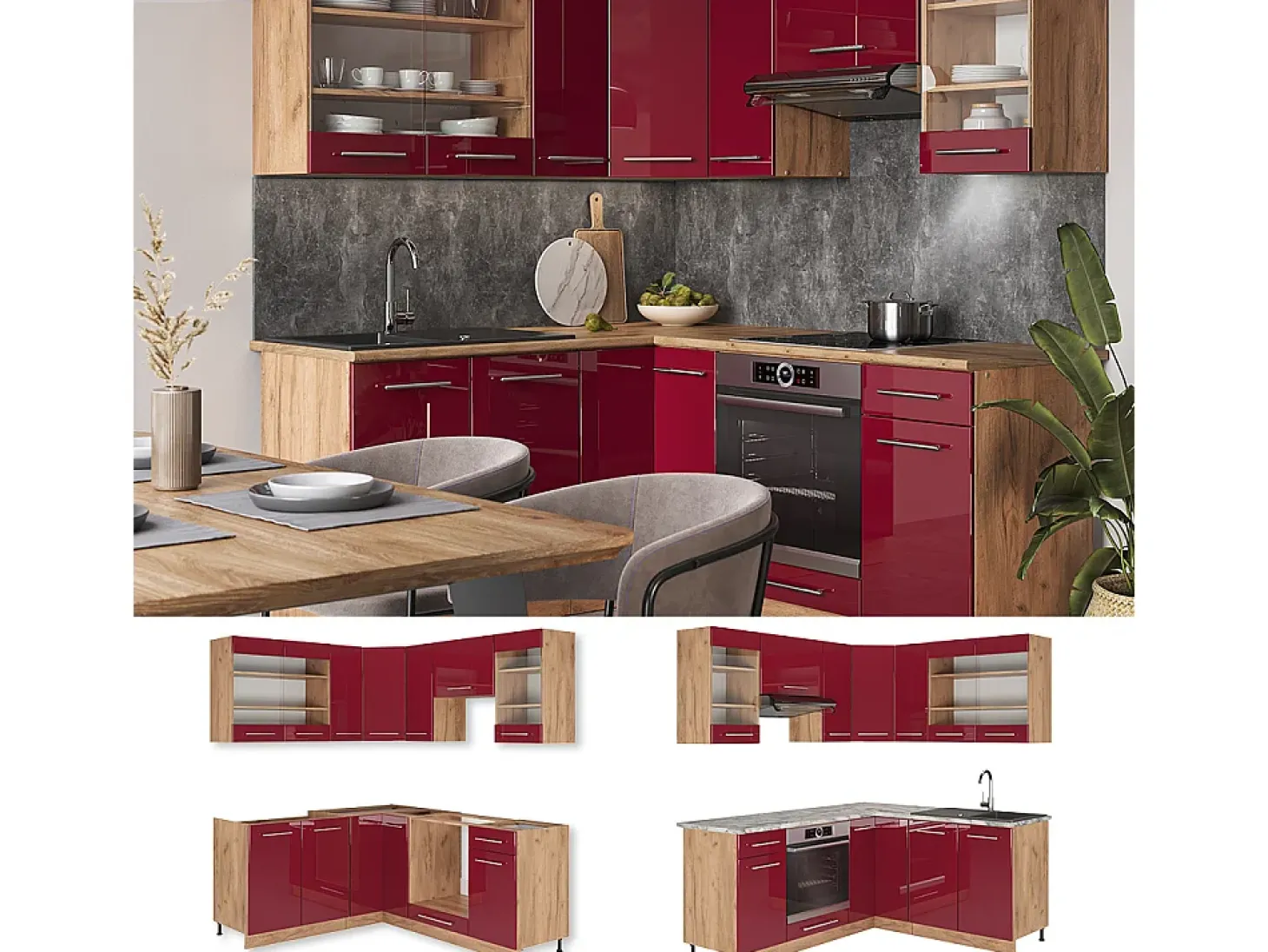 Cocina esquinera burdeos brillo intenso/roble dorado 190x60x81.6 fame-line