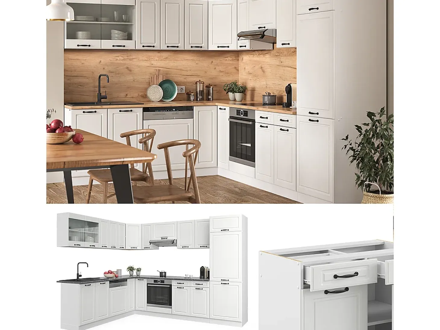 Cocina esquinera casa de campo blanca/blanca 287x46x81.6 r-line