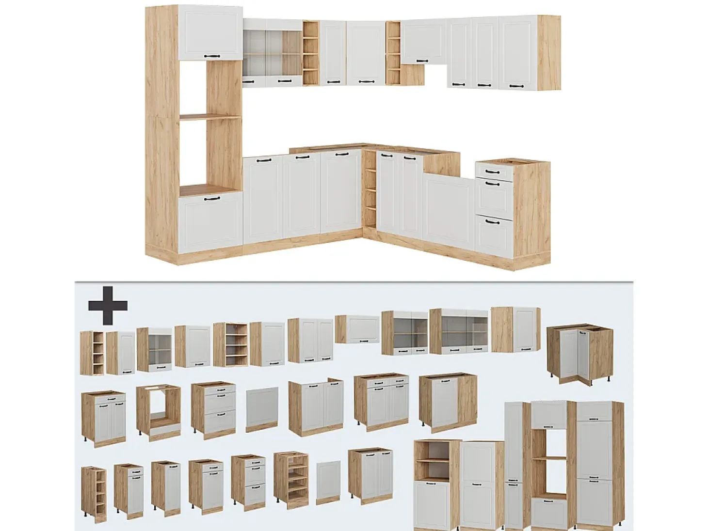 Cocina esquinera casa de campo blanca/roble dorado 247x46x81.6 r-line