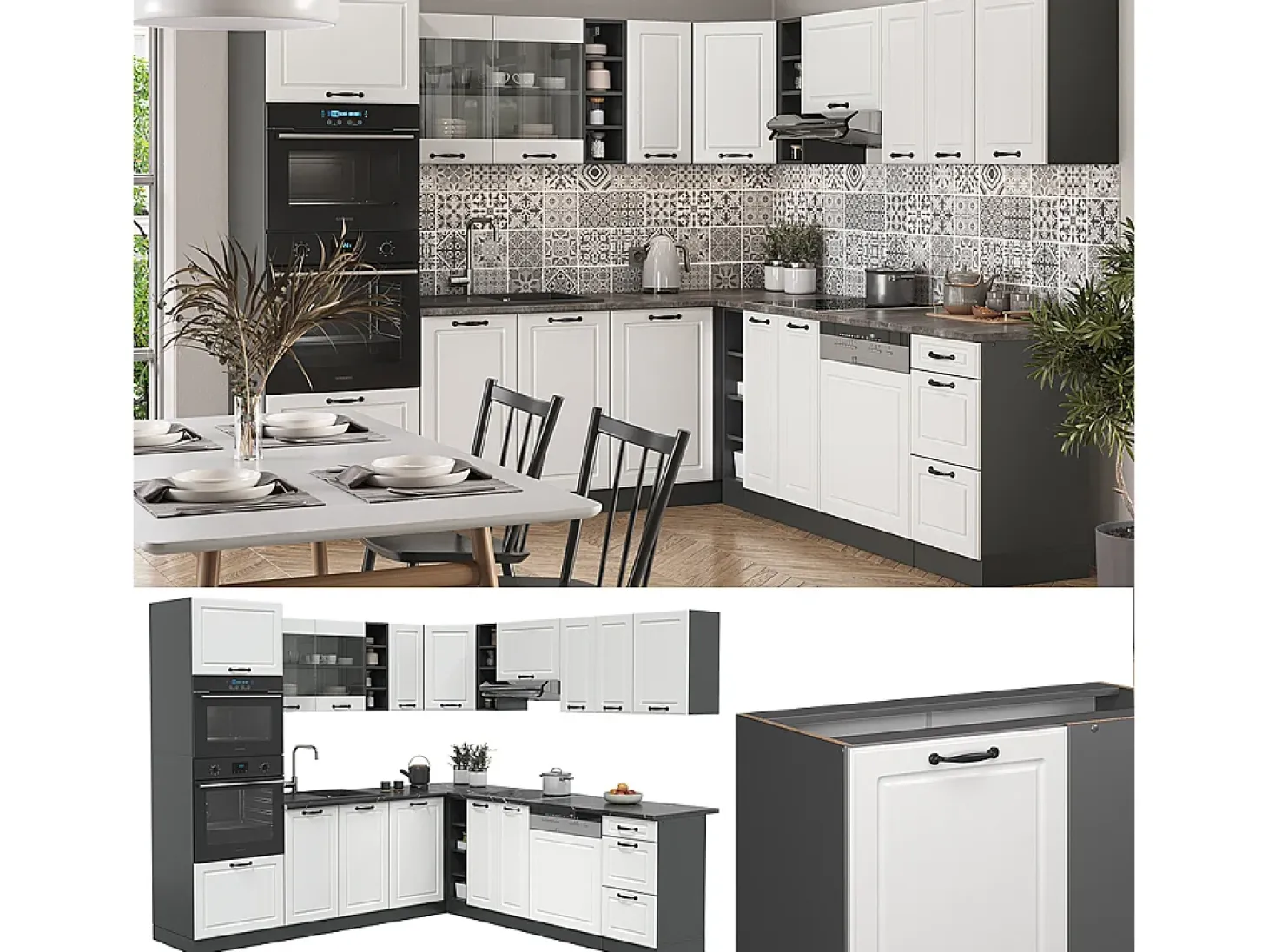 Cocina esquinera casa de campo blanca/antracita 247x46x81.6 r-line