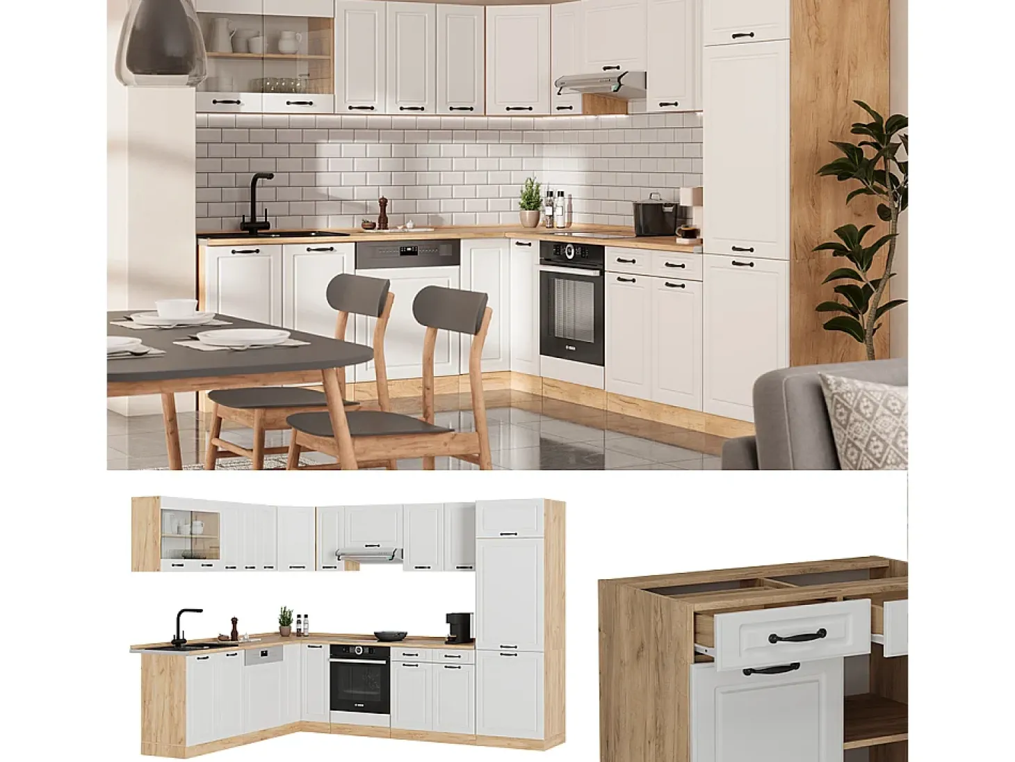 Cocina esquinera casa de campo blanca/roble dorado 287x46x81.6 r-line