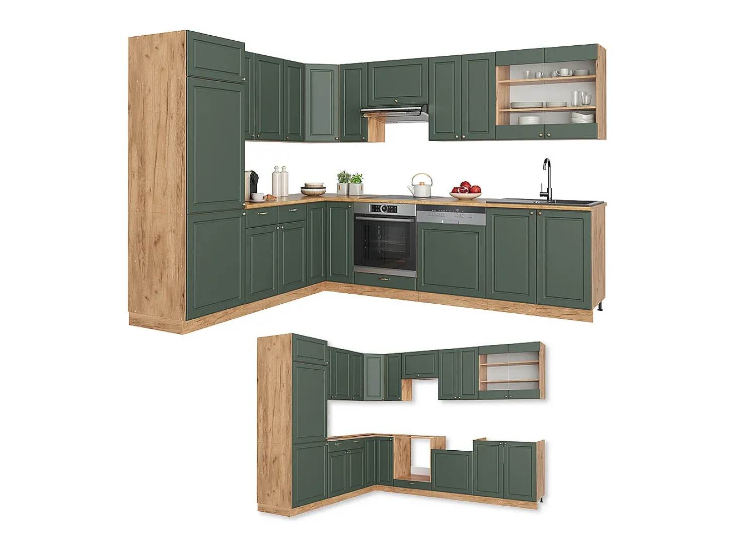 Cocina esquinera green-gold country/gold power roble 227x60x81.6 fame-line