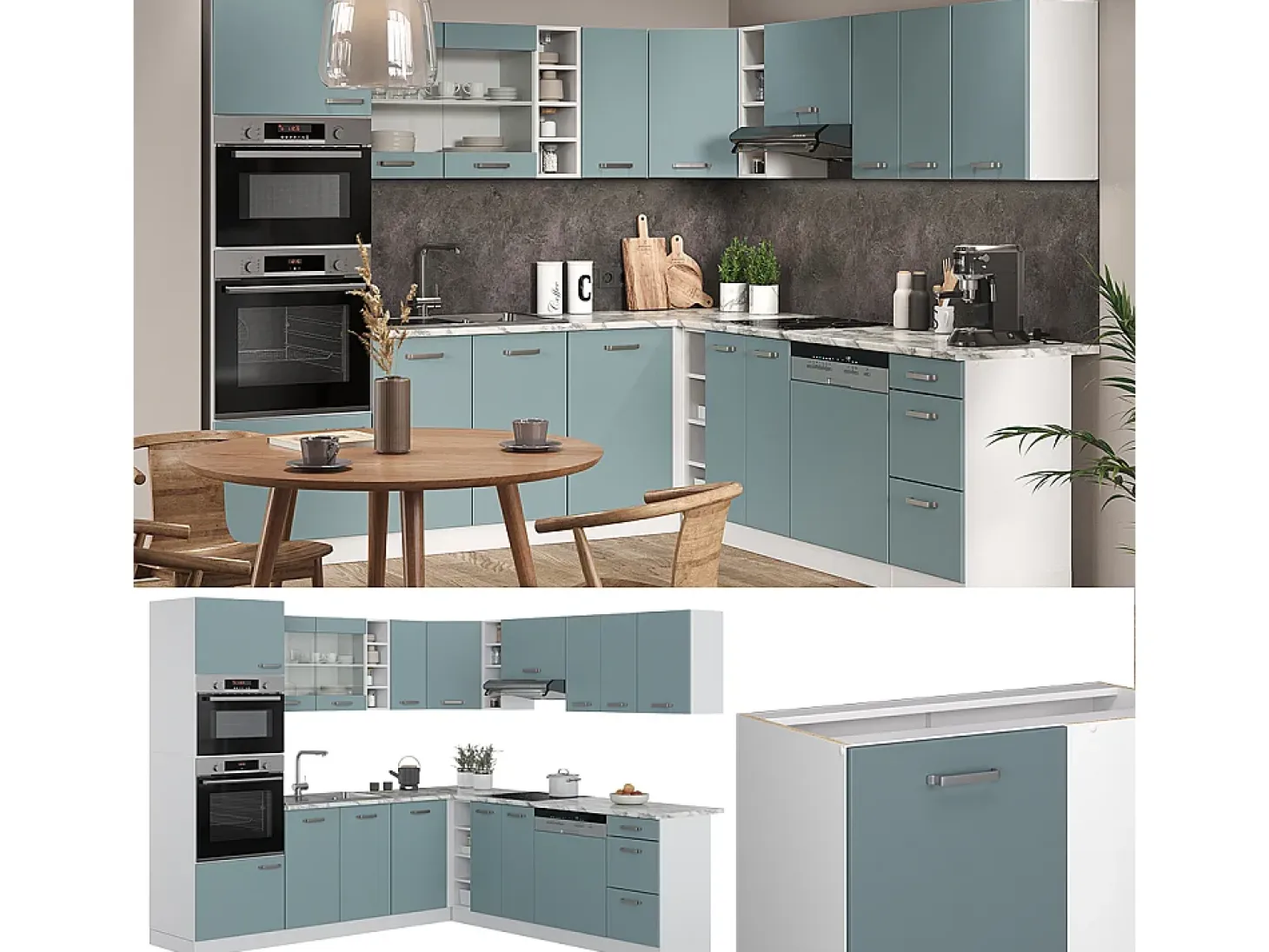 Cocina esquinera gris azulado 247x60x81.6 r-line