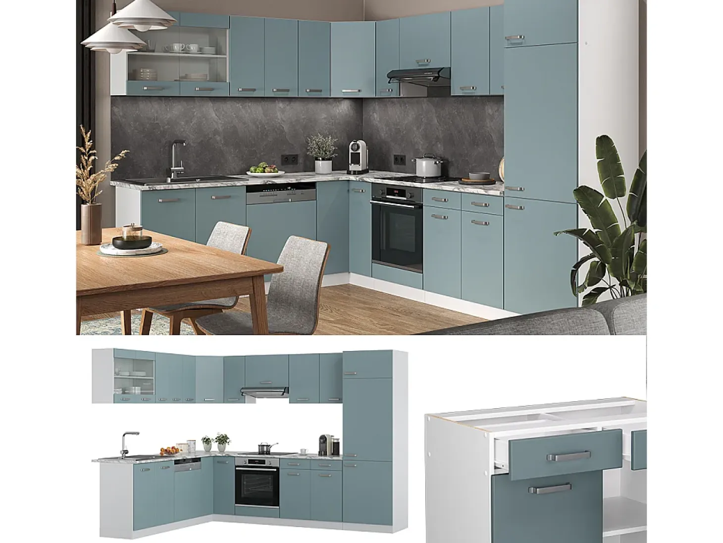 Cocina esquinera gris azulado 287x60x81.6 r-line