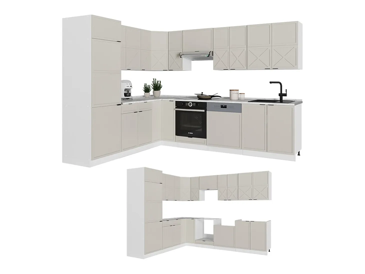 Cocina esquinera gris/beige/blanco 287x60x81.6 fame-line