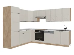 Cocina esquinera gris/beige/roble dorado 227x60x81.6 fame-line