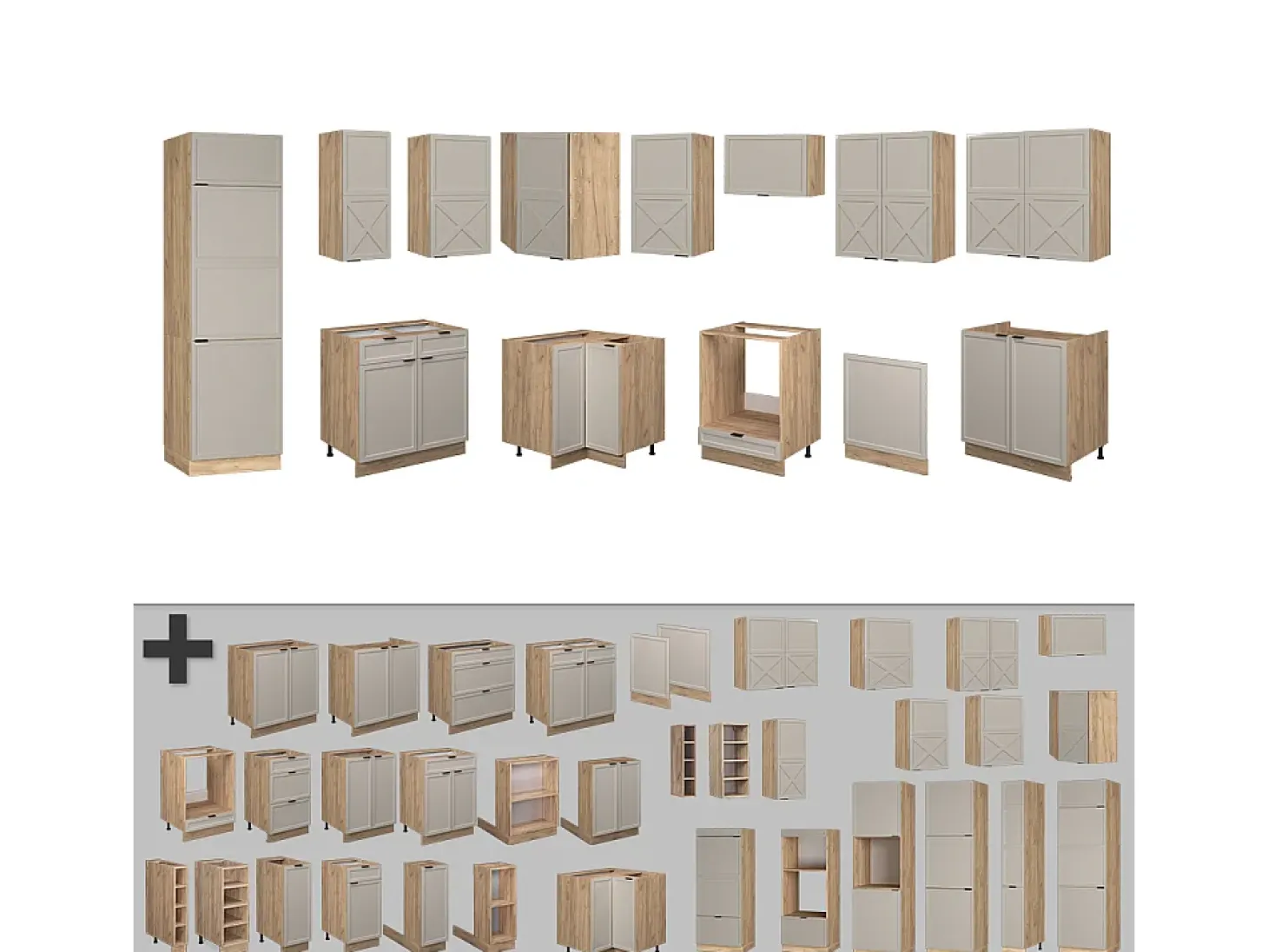 Cocina esquinera gris/beige/roble dorado 227x60x81.6 fame-line