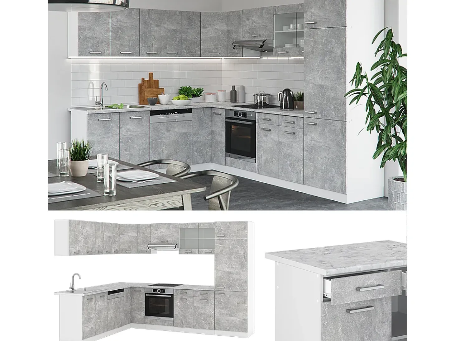 Cocina esquinera hormigón 287x60x81.6 r-line