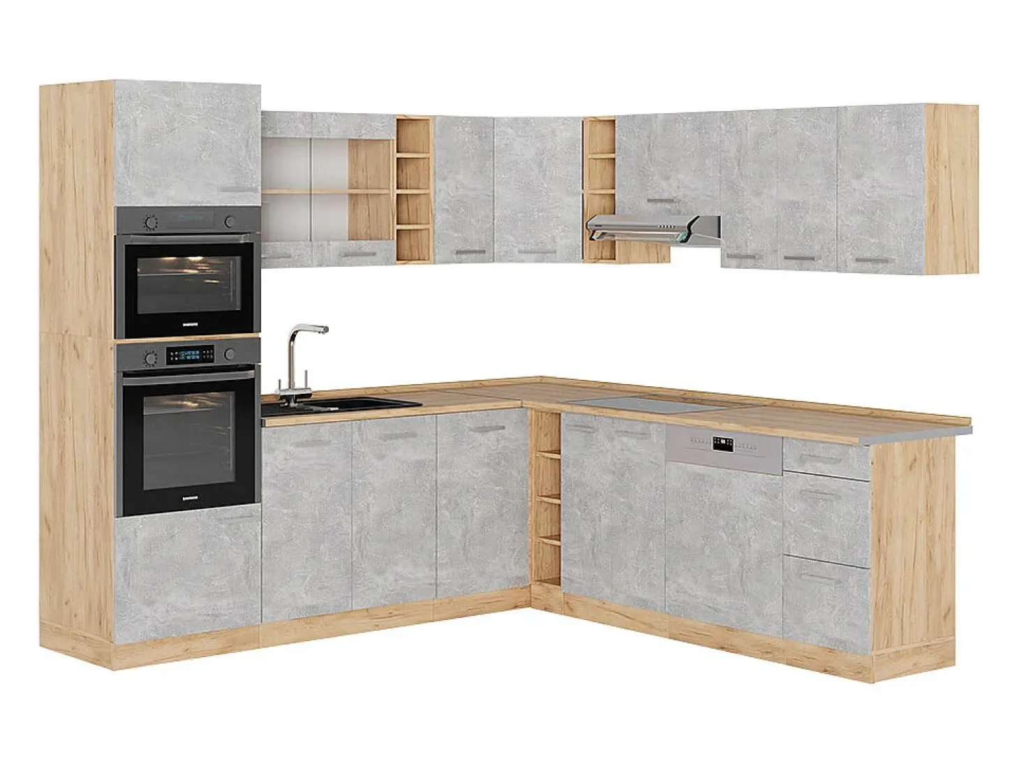 Cocina esquinera hormigón/roble dorado 247x46x81.6 r-line