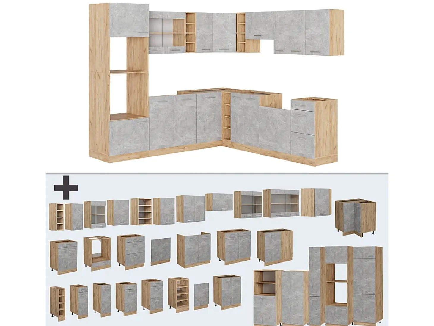 Cocina esquinera hormigón/roble dorado 247x46x81.6 r-line