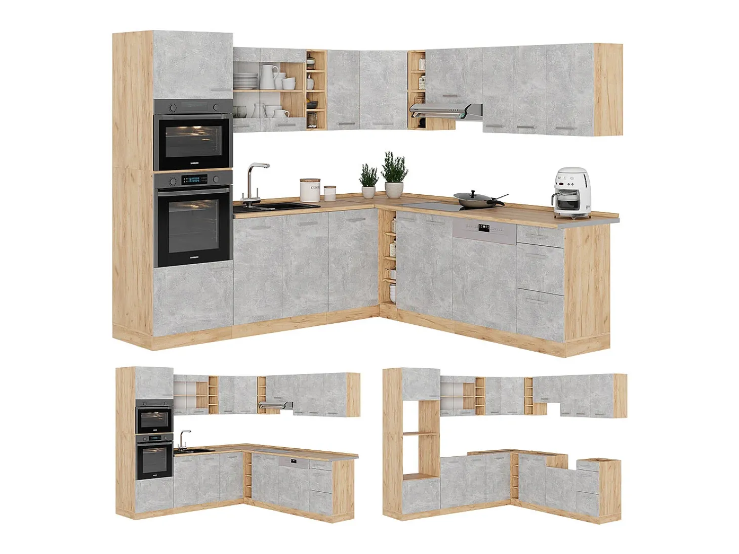 Cocina esquinera hormigón/roble dorado 247x60x81.6 r-line