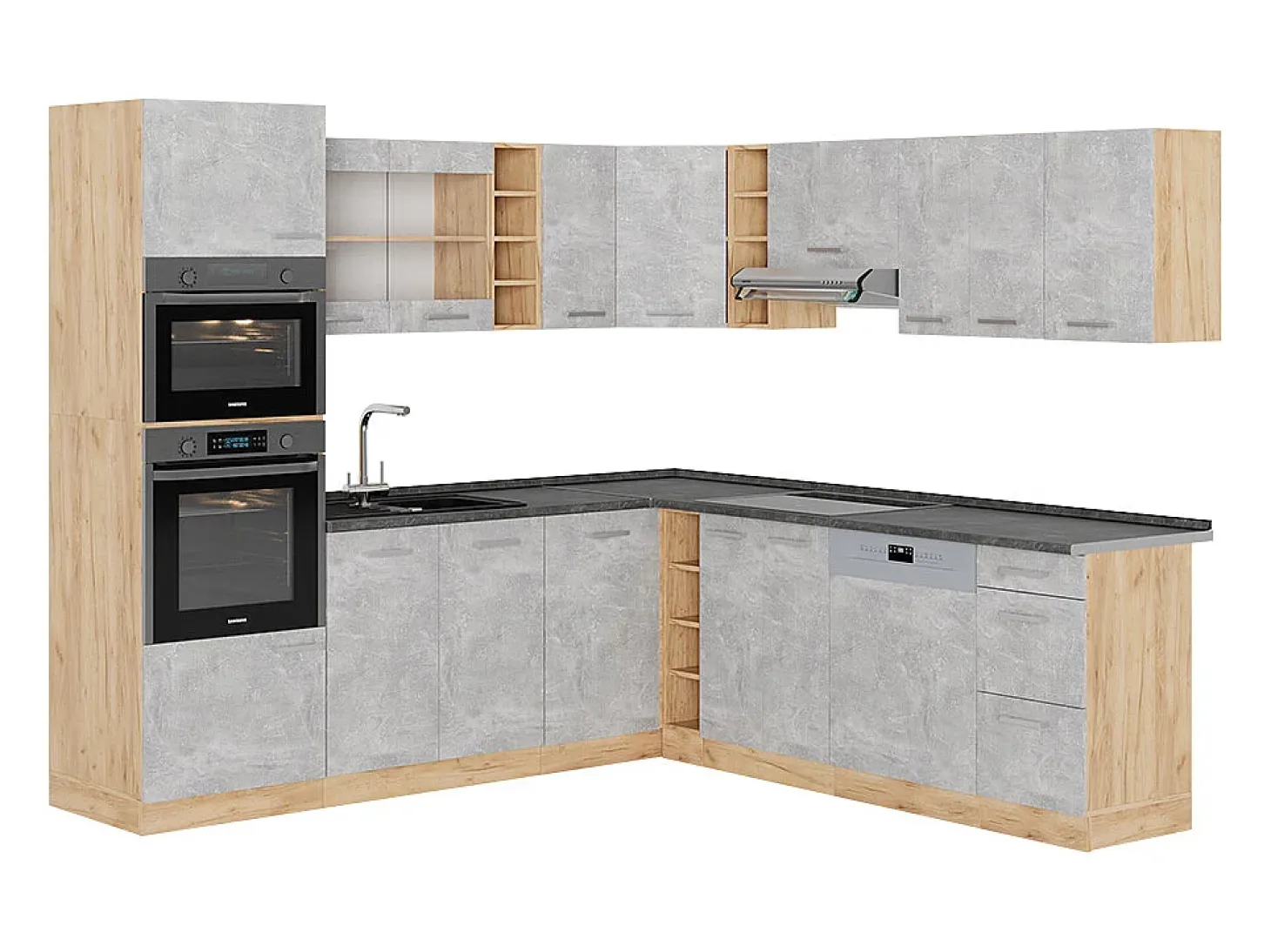 Cocina esquinera hormigón/roble dorado 247x60x81.6 r-line