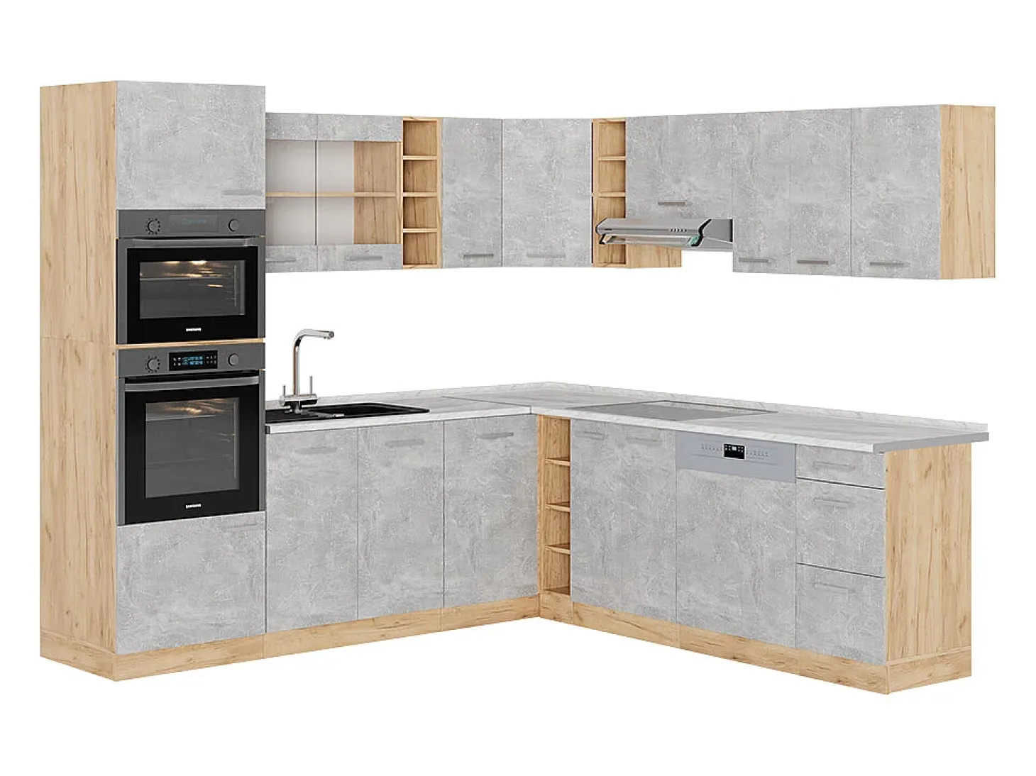 Cocina esquinera hormigón/roble dorado 247x60x81.6 r-line