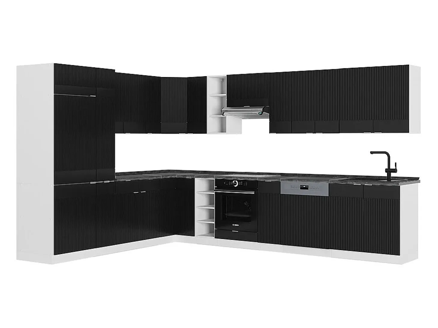 Cocina esquinera negro a rayas/blanco 347x60x81.6 fame-line