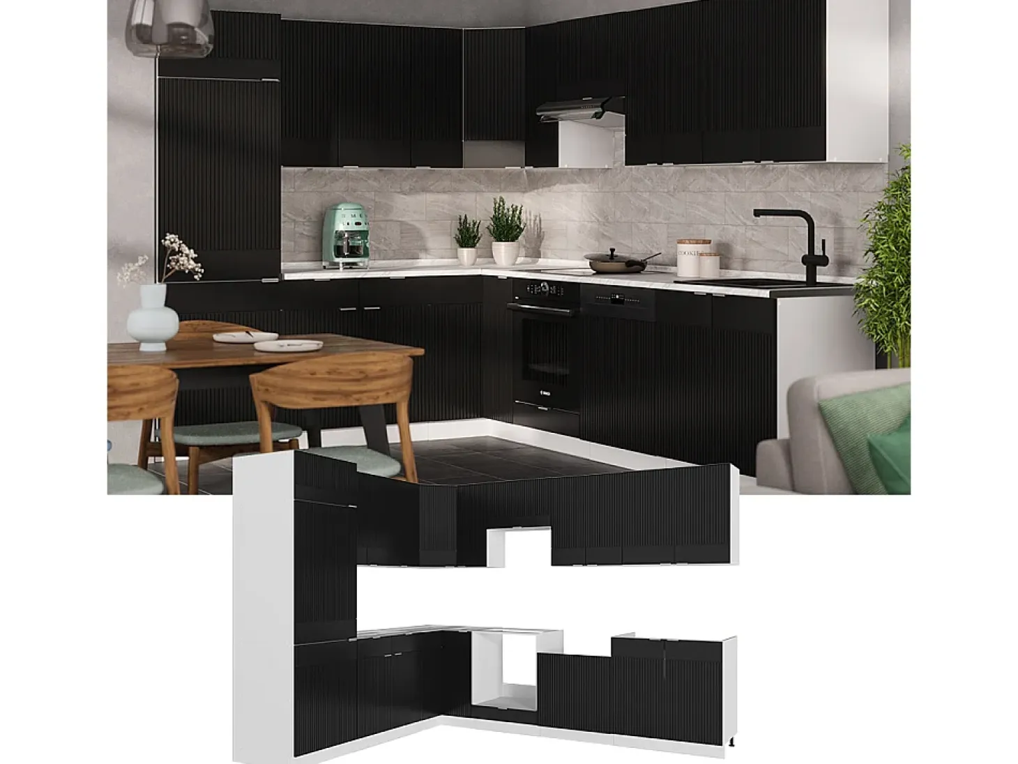 Cocina esquinera negro a rayas/blanco 287x60x81.6 fame-line