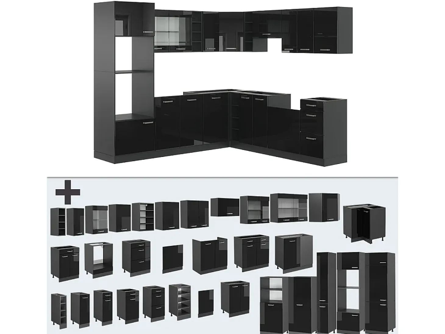 Cocina esquinera negro/antracita de alto brillo 247x60x81.6 r-line